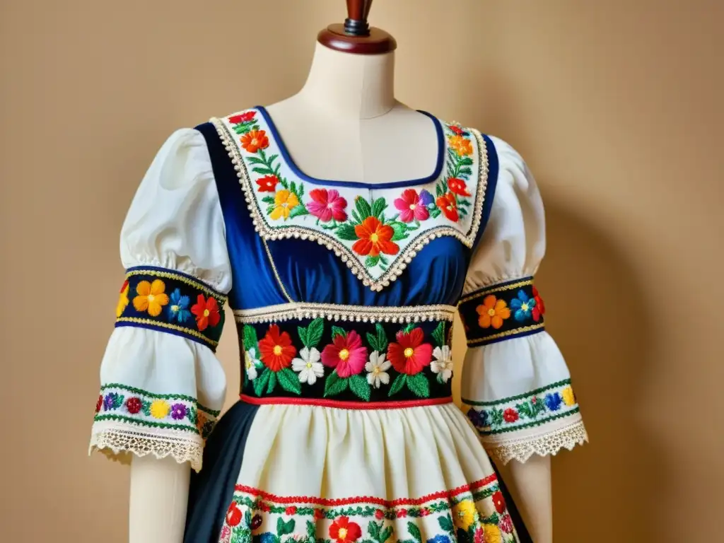 Una exquisita vestimenta folclórica polaca, ricamente bordada y adornada, captura la esencia de la historia de la Polonesa tradicional