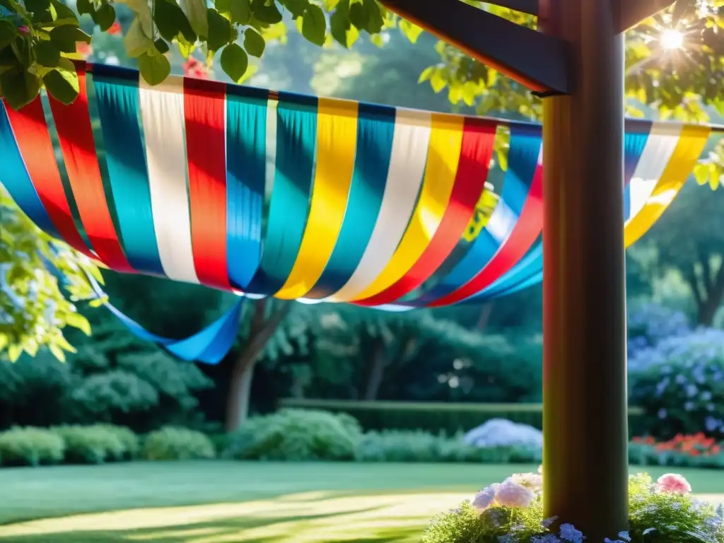 Decoración exterior inspirada en danzas tradicionales: Coloridas cintas bailando al viento en un jardín exuberante con flores vibrantes