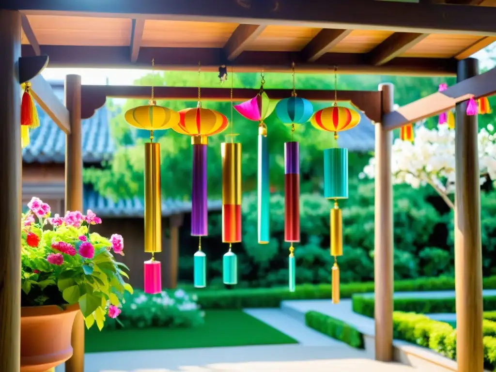 Decoración exterior inspirada en danzas tradicionales: coloridos y delicados móviles de viento bailan en un patio tradicional con flores y luz suave