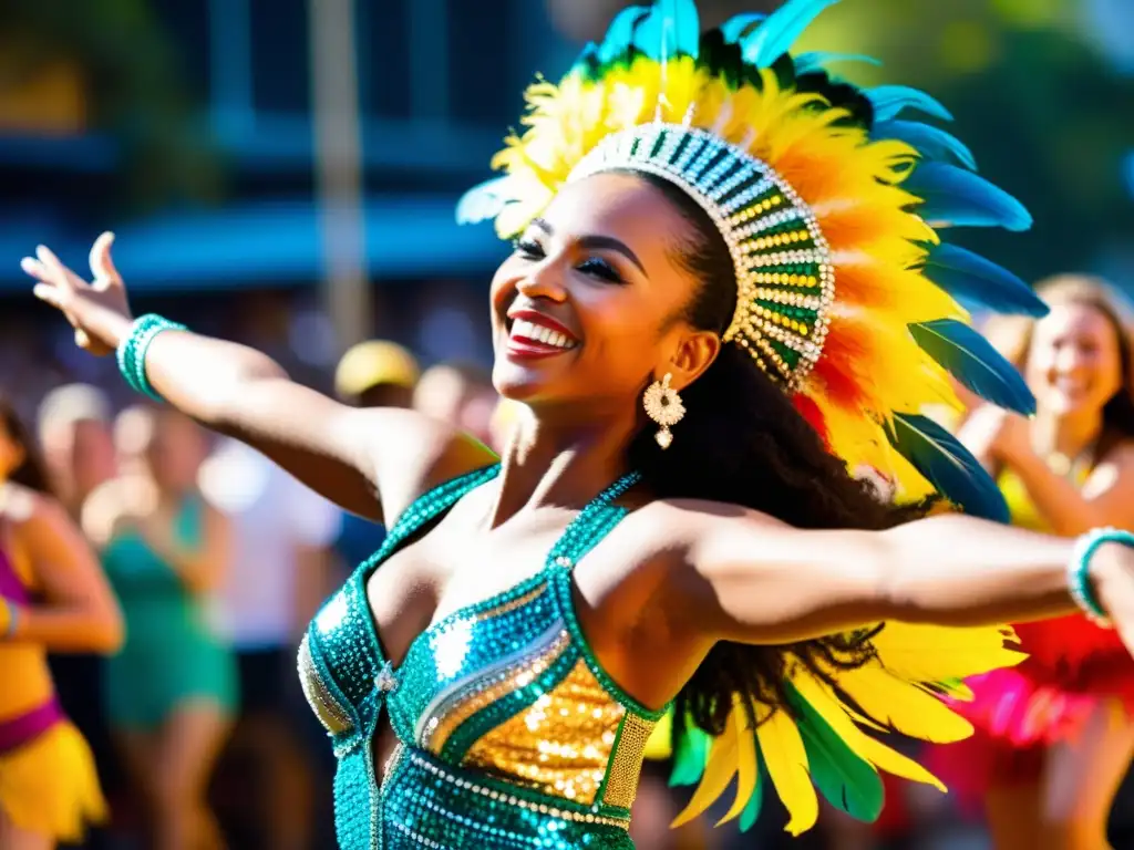 Una exuberante bailarina de samba en un deslumbrante traje de plumas y lentejuelas, envuelta en el ritmo y la energía de la Samba brasileña