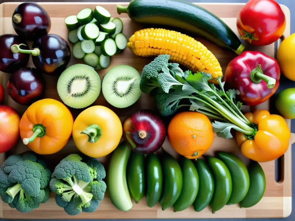 Una exuberante variedad de frutas y verduras frescas, cortadas y dispuestas con esmero en una tabla de cortar de madera