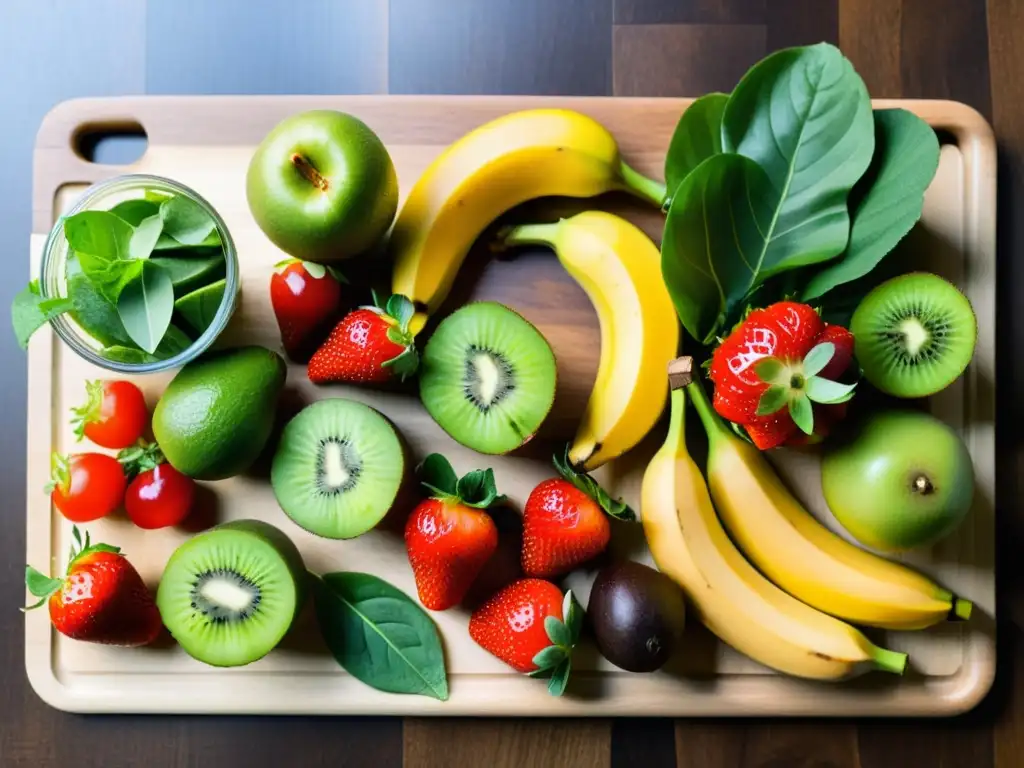 Una exuberante variedad de frutas y verduras frescas, con fresas rojas, naranjas jugosas, kiwi verde, plátanos amarillos y hojas verdes