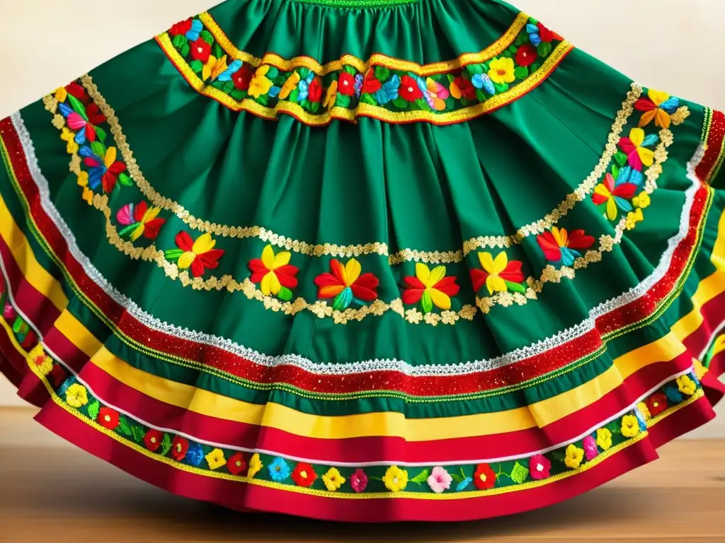 Una falda de baile mexicana tradicional, ricamente bordada en colores vibrantes, sobre una silla de madera en una oficina