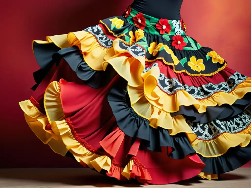 Una faldas flamencas para baile tradicional captura la energía y pasión de un vibrante baile flamenco con intrincados volantes y colores vibrantes