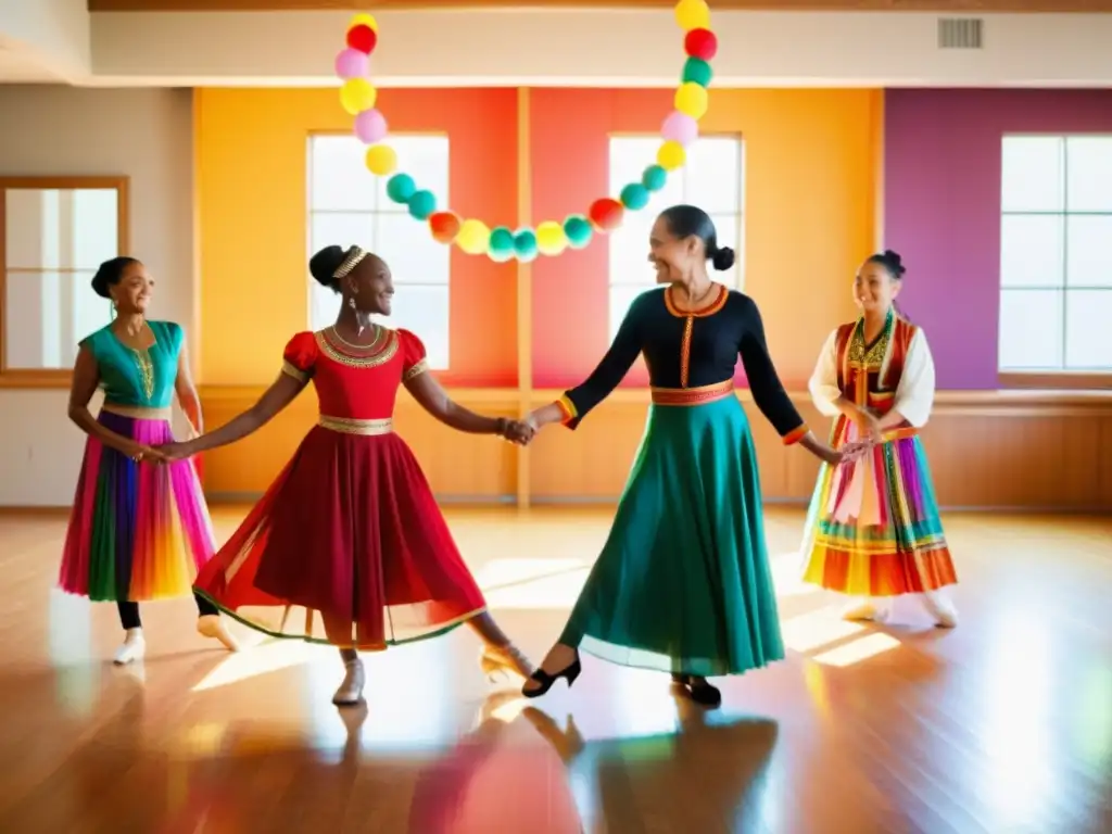 Una familia de bailarines de diferentes generaciones danzando en un estudio soleado, transmitiendo la importancia de transmitir la pasión por la danza a través de sus coloridos trajes y movimientos gráciles