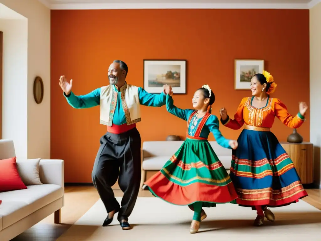 Una familia bailando en trajes típicos en su sala de estar