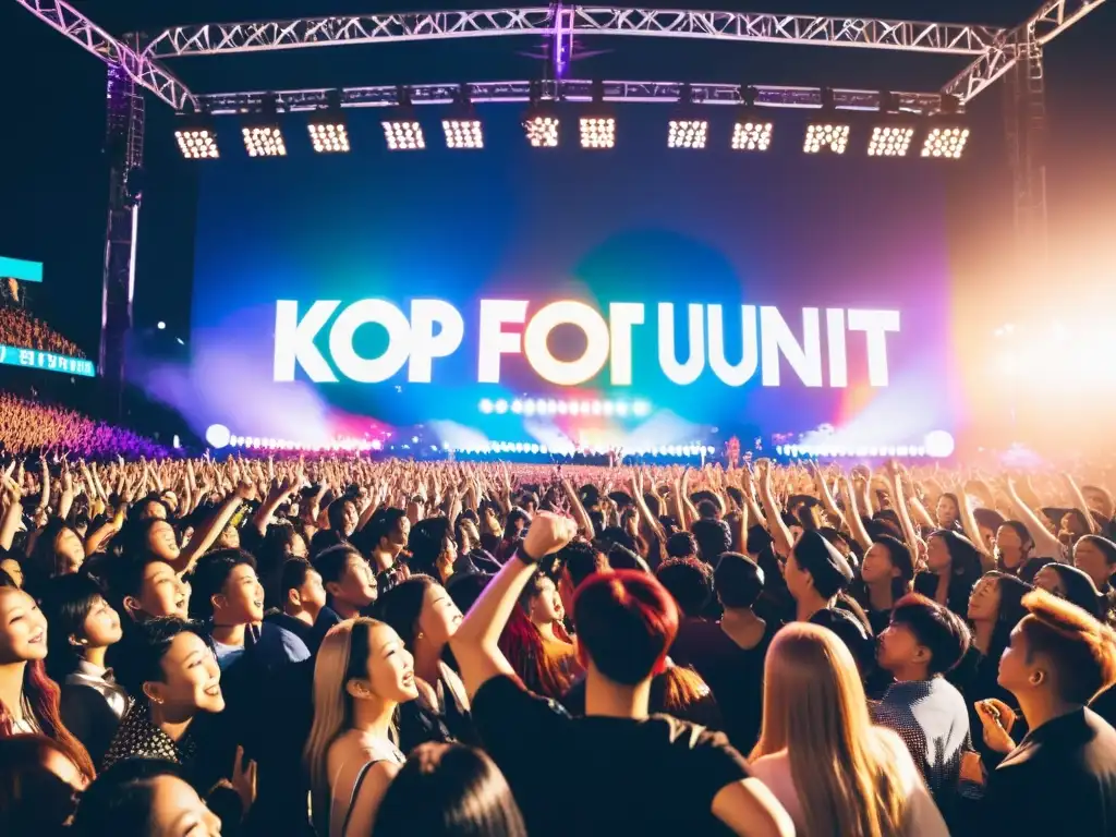 Fans de todo el mundo en concierto de Kpop, expresando el significado cultural de las coreografías Kpop con entusiasmo y unidad bajo luces vibrantes