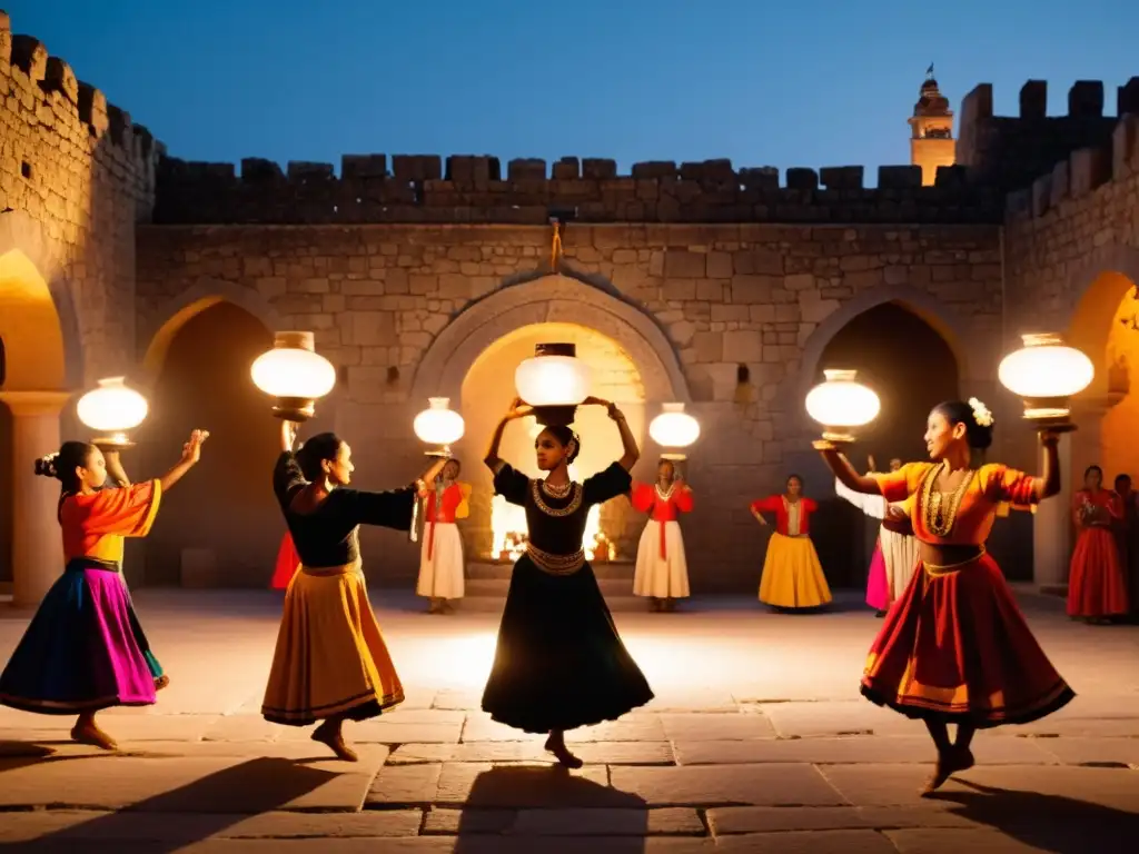 Una fascinante danza tradicional iluminada por candelabros y lámparas de aceite en un antiguo patio