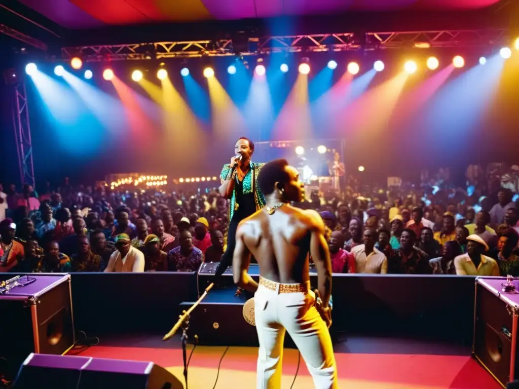 Fela Kuti lidera el escenario con su banda y el público cautivado, capturando la esencia del Afrobeat y su impacto en la música contemporánea