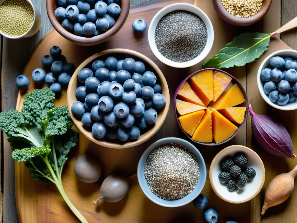 Un festín visual de superalimentos frescos y vibrantes, con colores y texturas que evocan salud y vitalidad