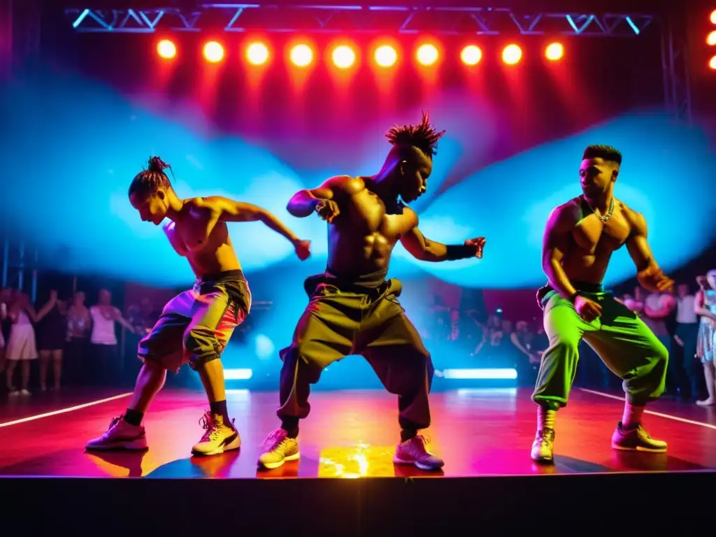 Festival Juste Debout: Street dancers compiten en una batalla épica bajo luces neón vibrantes, mostrando habilidades increíbles