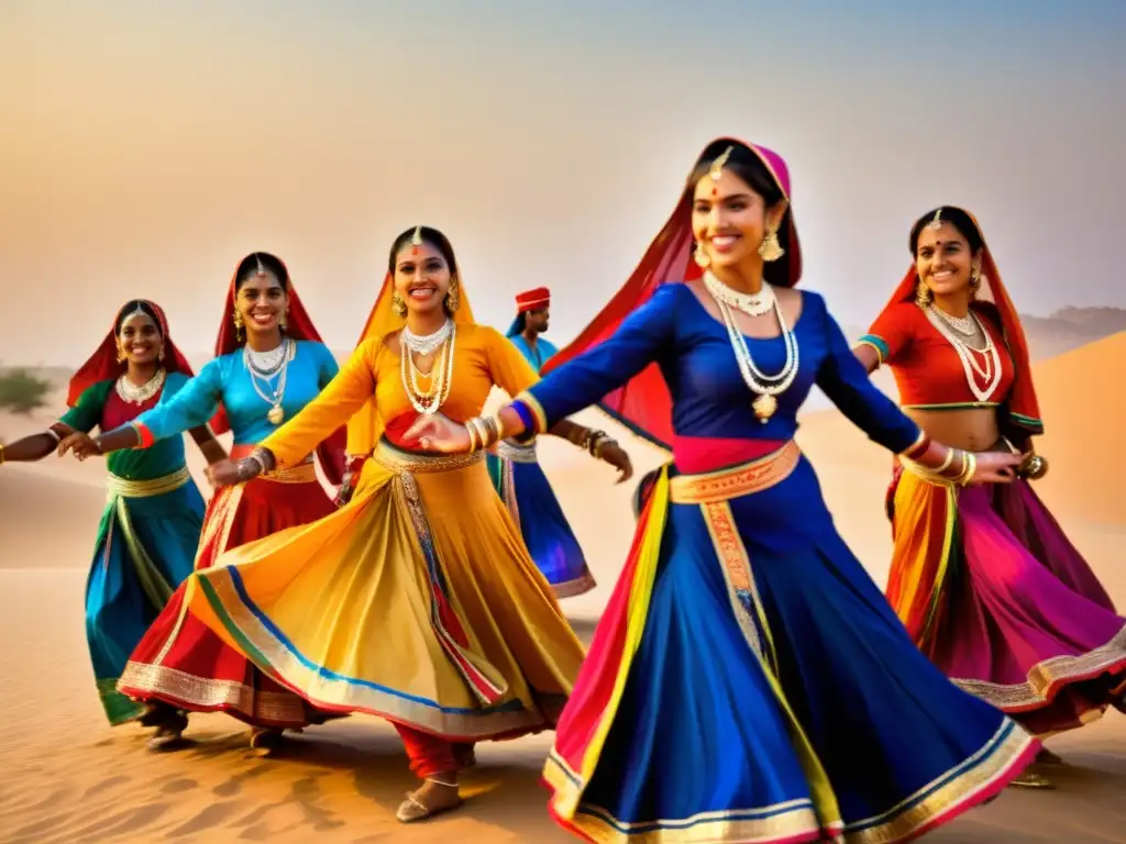 Festival de camellos en Bikaner: danzas tradicionales Rajasthani con trajes coloridos en el desierto al atardecer