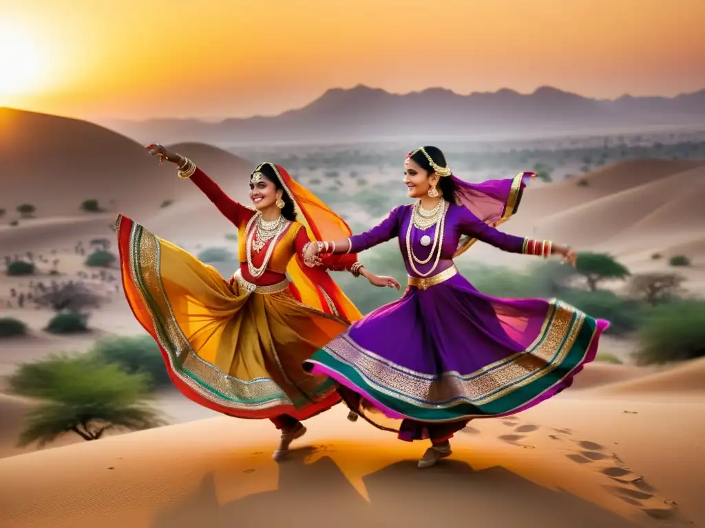 Festival de danza Rajasthani en Pushkar: Bailarines con atuendos vibrantes danzan en el desierto al atardecer, envueltos en un juego de luz y sombra