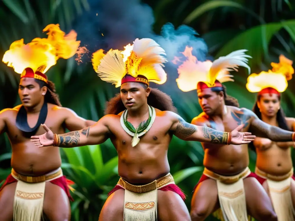 Festival de Danza de Samoa: Bailarines samoanos realizan una hipnótica danza del fuego entre exuberante vegetación tropical