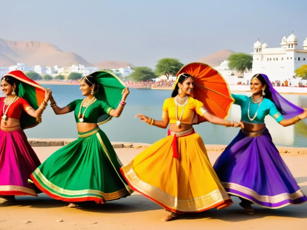 Festival de danza Rajasthani en Pushkar: Bailarines vestidos con trajes vibrantes realizan la enérgica danza Kalbelia junto al majestuoso lago Pushkar