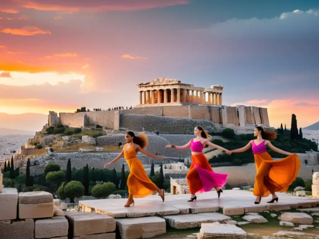 Festival de danza contemporánea en Atenas: Grupo de bailarines contemporáneos actuando frente a la antigua Acrópolis al atardecer