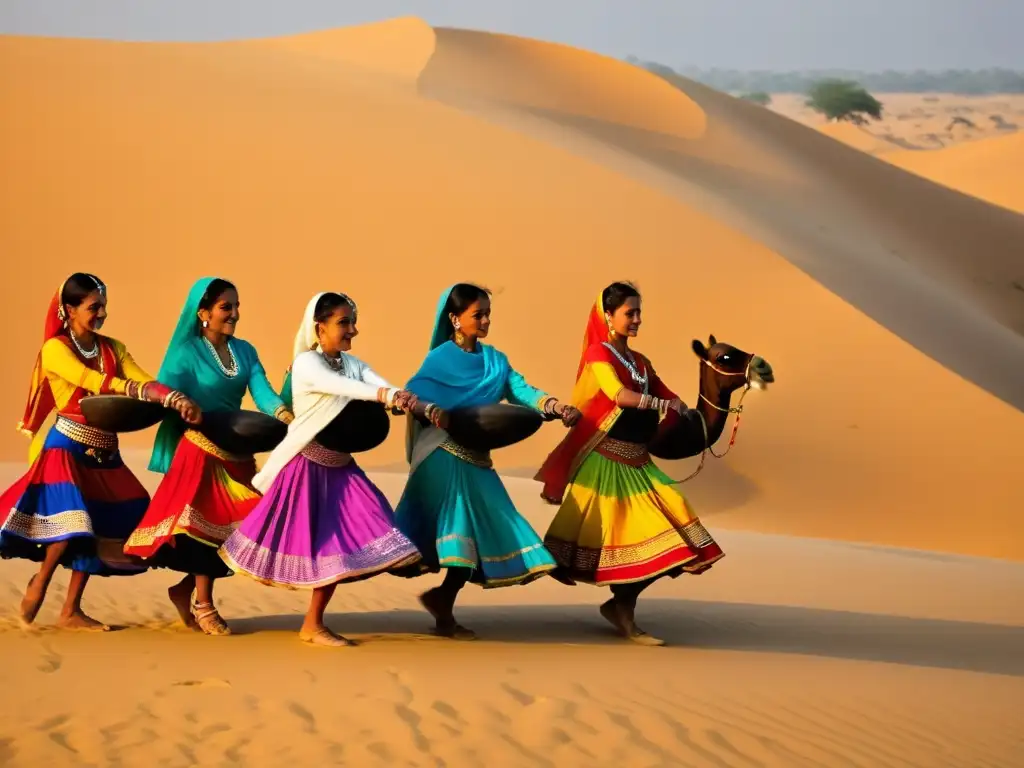 Festival de Danza Jaisalmer desierto: Bailarines Rajasthani en atuendos tradicionales danzando graciosamente en las dunas doradas al atardecer