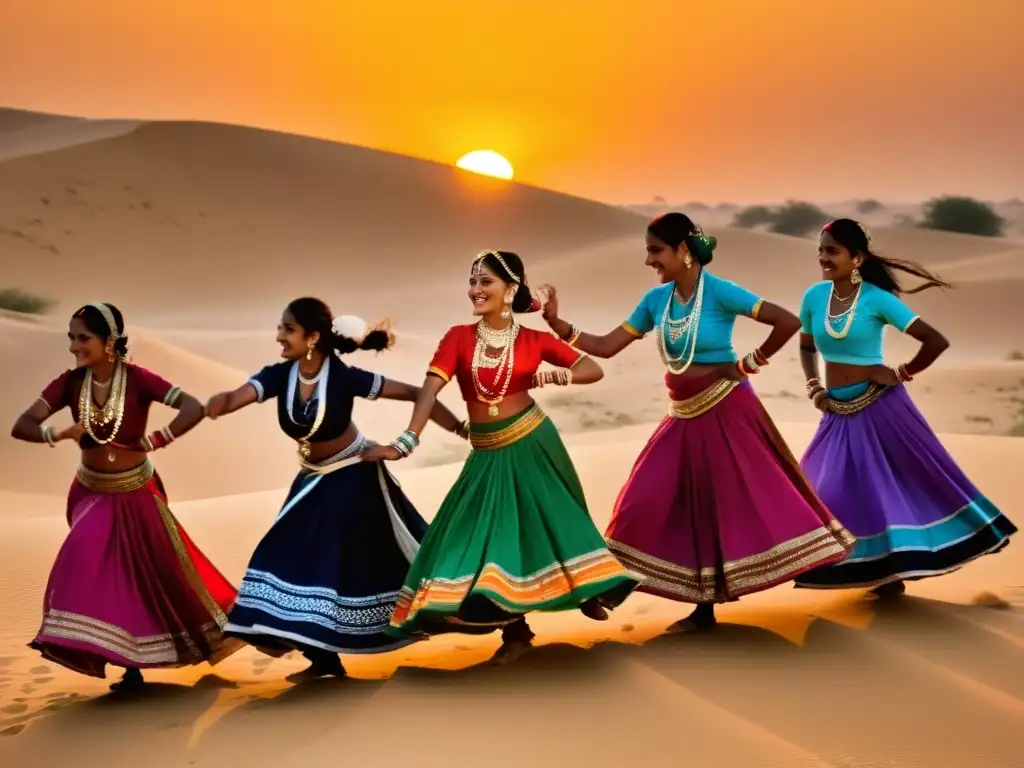 Festival de Danza Jaisalmer desierto: Bailarines rajasthaníes con trajes coloridos danzan al atardecer entre las dunas doradas