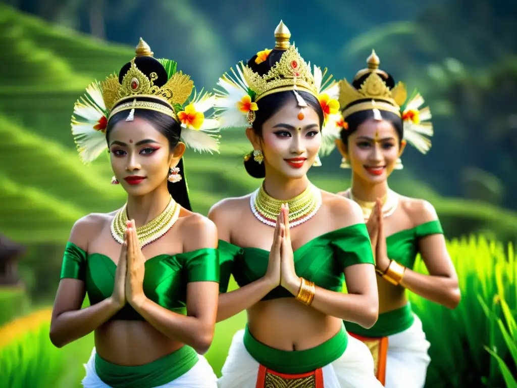 Festival de Danza de Bali: Gracioso baile sagrado balinés entre terrazas de arroz y templos, con trajes vibrantes y expresiones llenas de devoción