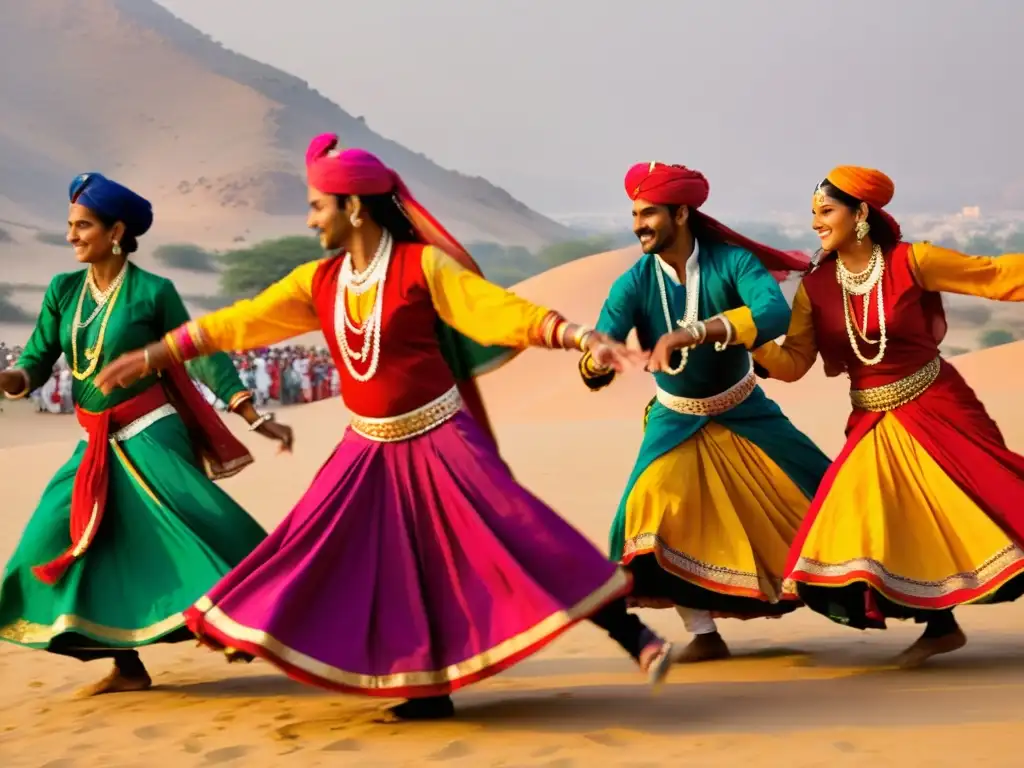 Festival de danza Rajasthani en Pushkar: Grupo de bailarines con trajes tradicionales coloridos, danzando con gracia en el desierto al atardecer