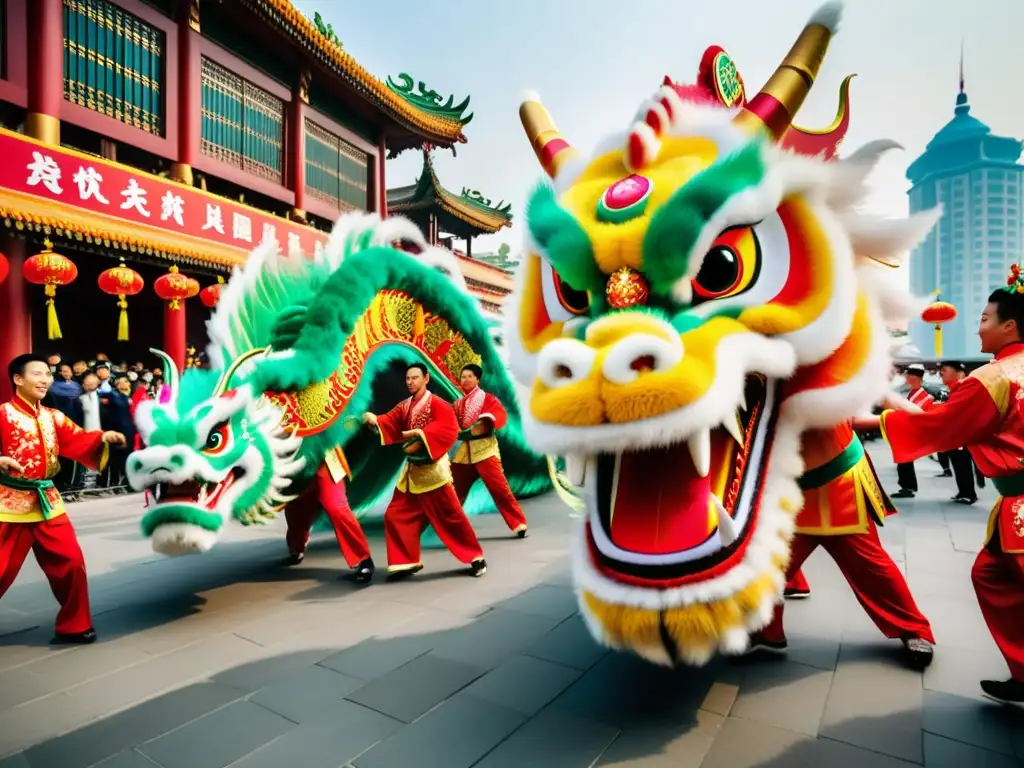 Festival de Danza del Dragón Qingdao: Imagen vibrante de bailarines y espectadores disfrutando de la festividad callejera