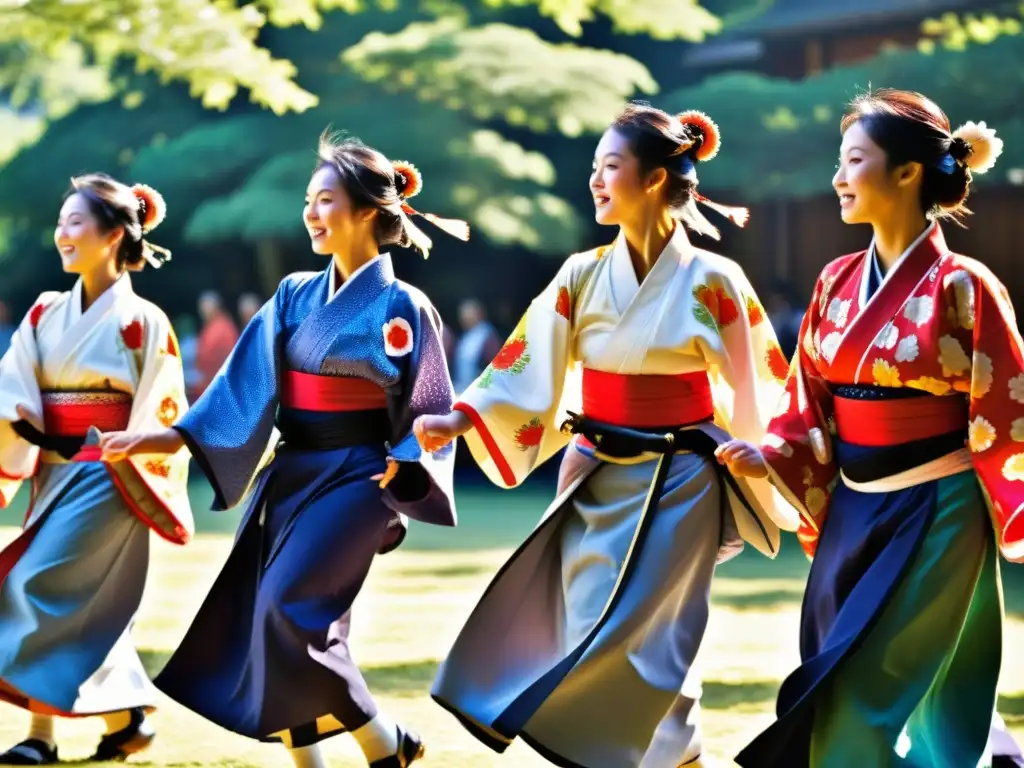 Festival de Danza de Awa Japón: Closeup de bailarines con kimonos vibrantes y patrones intrincados, expresando alegría y orgullo cultural