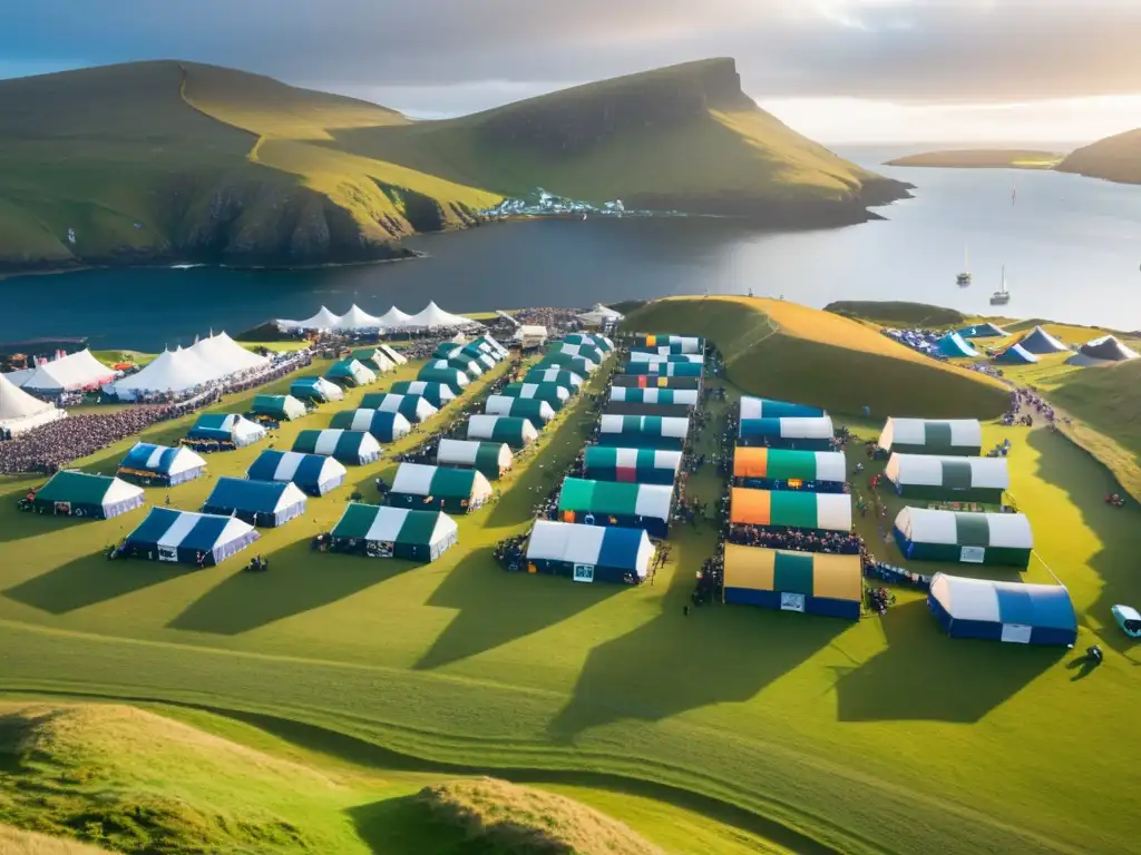 Un festival de danza y música vikinga iluminado por el sol poniente, rodeado de tiendas de colores y colinas verdes