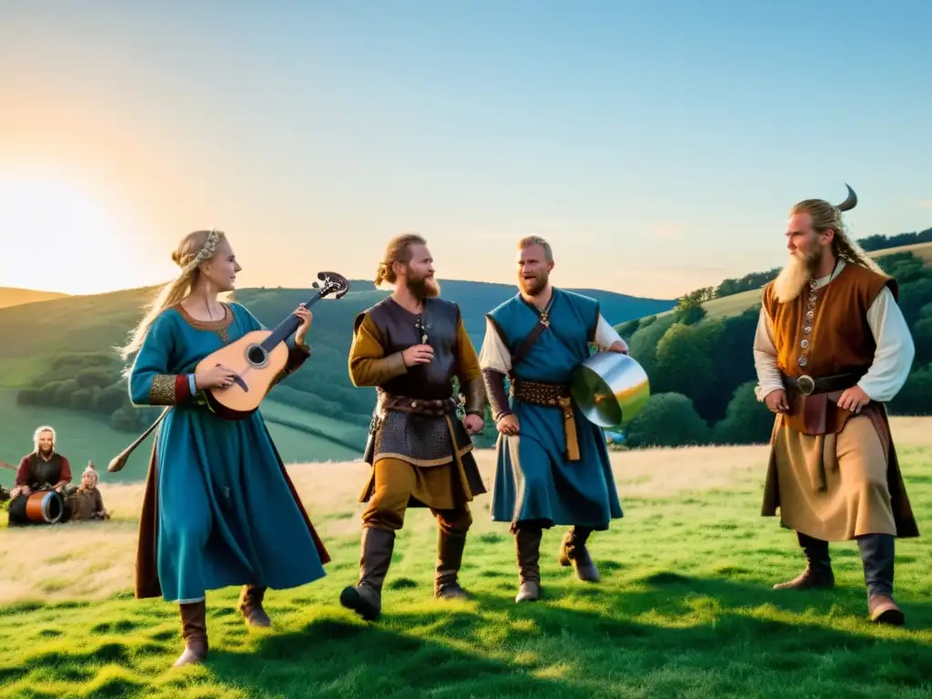 Recreación del Festival de danza y música vikinga con baile tradicional al atardecer en un campo verde