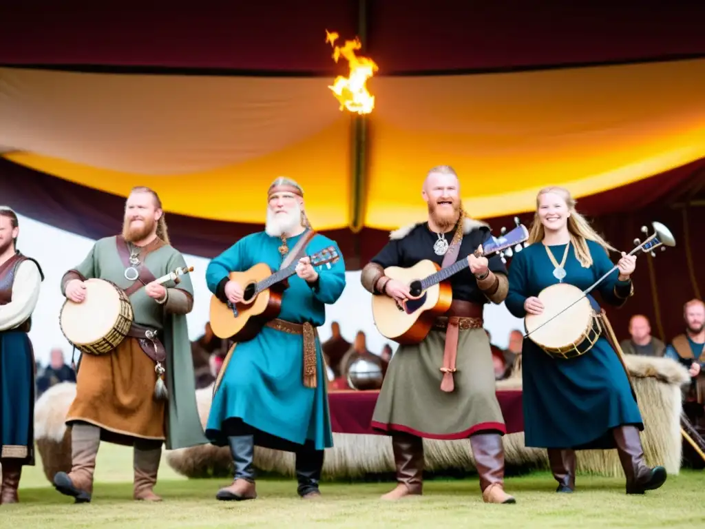 Festival de danza y música vikinga: Reenactores vikingos interpretando música tradicional en el escenario, rodeados de espectadores y antorchas