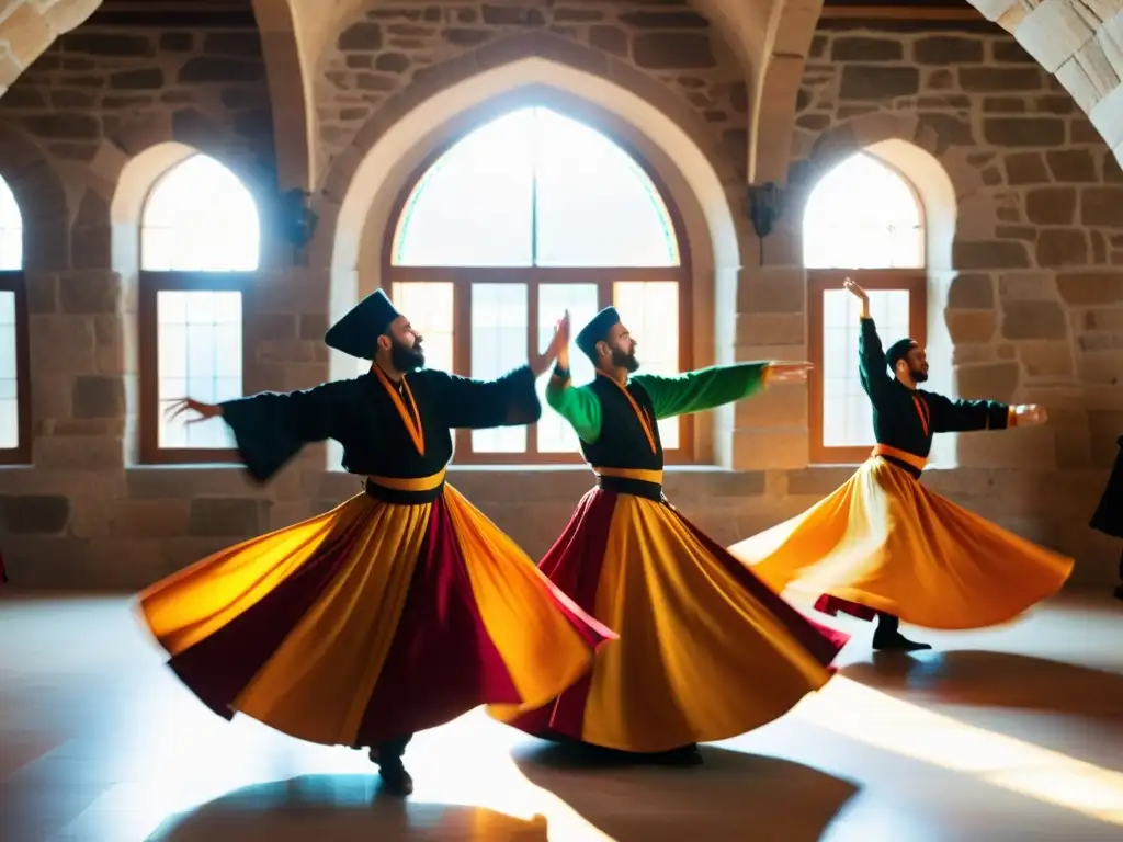 Festival Sufi danza Konya significado: Sufis en trance danzan en el Museo Mevlana, con túnicas vibrantes y luz dorada, capturando la esencia sagrada