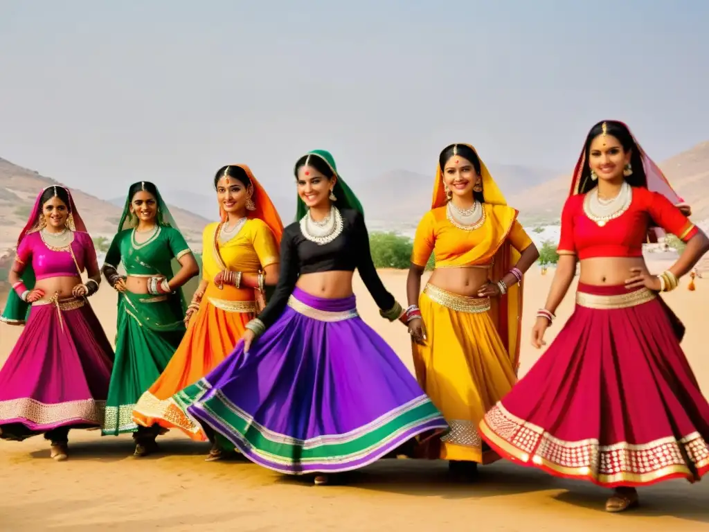 Un festival de danza Rajasthani en Pushkar cobra vida con bailarines coloridos y movimientos gráciles en el desierto