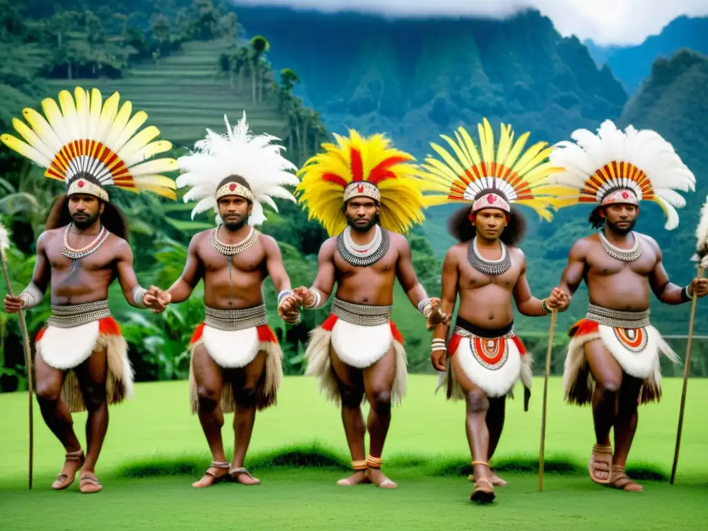 Festival de Danzas Tradicionales en Papúa Nueva Guinea: Grupo de bailarines papúes con trajes tradicionales, plumas y pintura corporal, realizando una danza ceremonial en un entorno natural impresionante