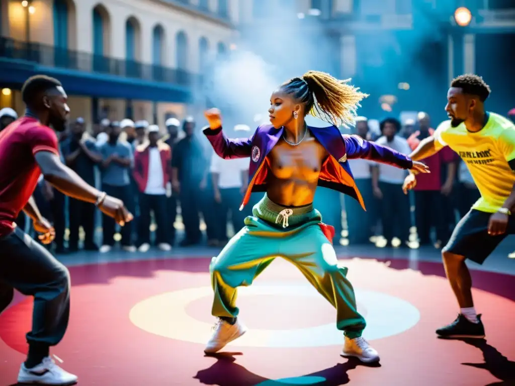 Festival Juste Debout: Imagen impactante de bailarines callejeros en plena actuación, con movimientos expresivos y colores vibrantes