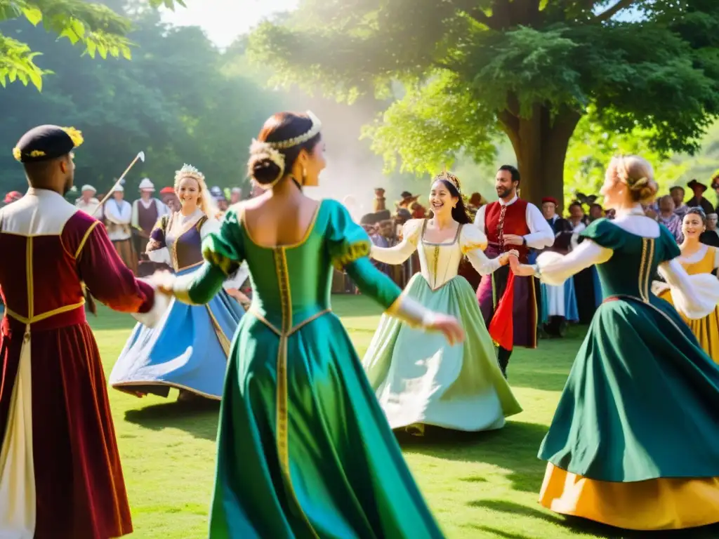 En el Festival Medieval, Terpsichore guía la danza y la música en un claro soleado rodeado de exuberante vegetación, mientras los artistas con trajes elaborados danzan con gracia y precisión, cautivando a la multitud