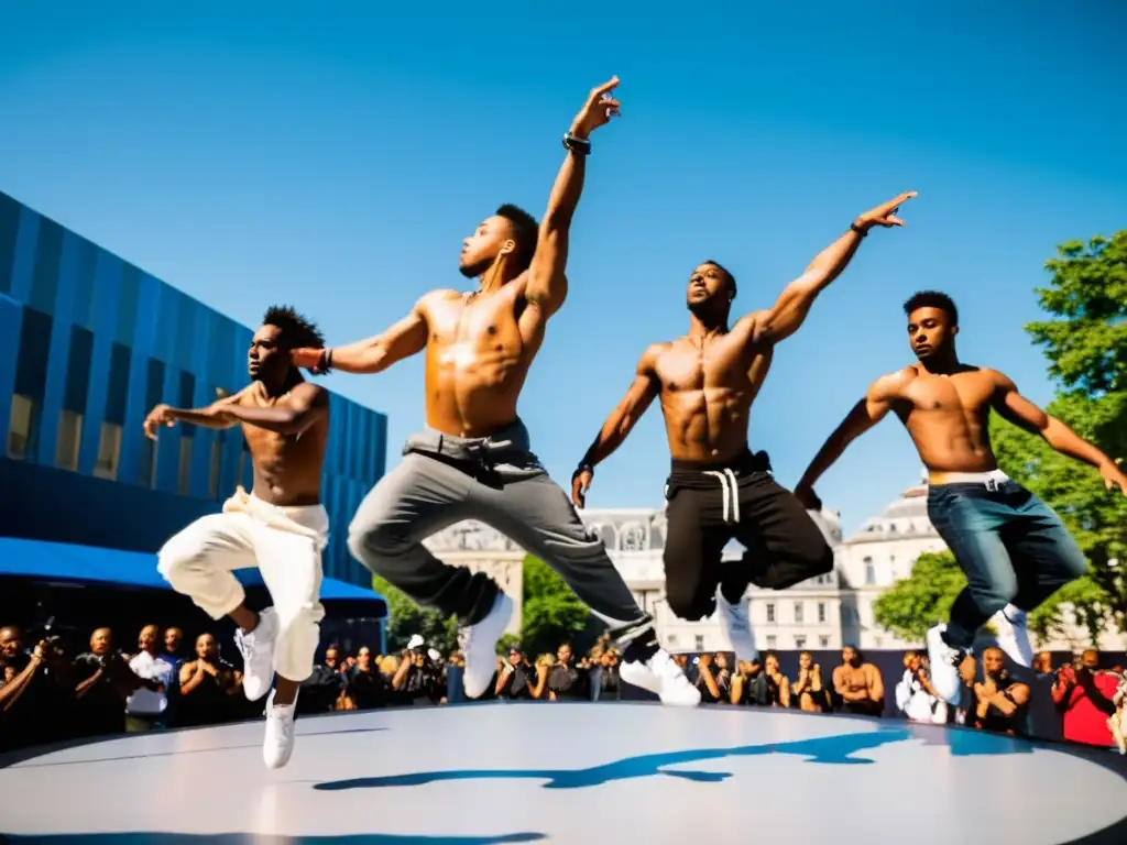 Festival Juste Debout: Street dancers con movimientos sincronizados en el aire, capturando la energía y creatividad del evento urbano