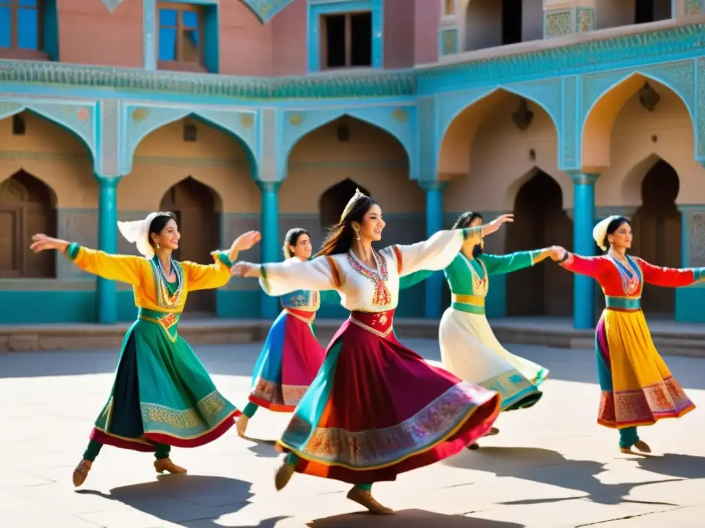 Festival Navruz: danzas tradicionales en Asia Central, colorida celebración en un patio soleado con gente vestida con trajes vibrantes