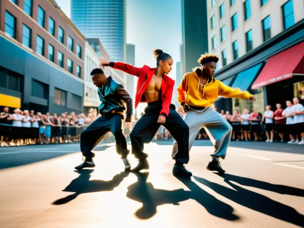 Festival Juste Debout street dancers realizan una rutina sincronizada en una bulliciosa calle de la ciudad, con energía y pasión palpables