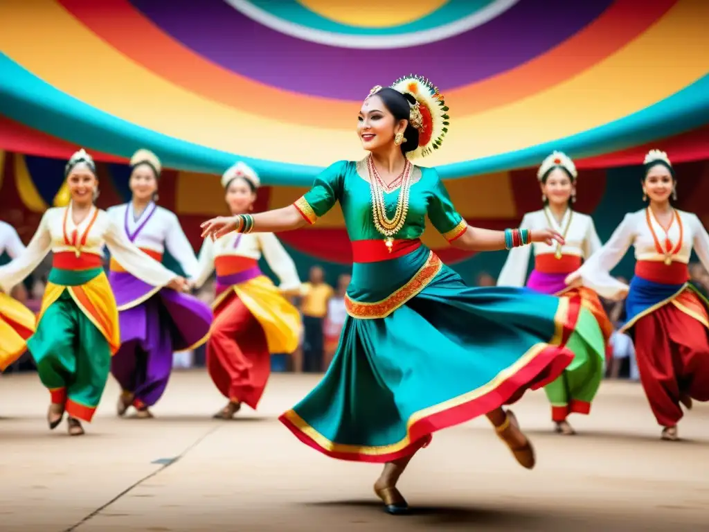 Festivales de danza tradicionales del mundo: Una vibrante actuación de baile en un festival colorido, con trajes elaborados y energía dinámica