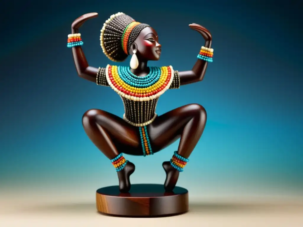 Figurilla de danza africana tallada en madera oscura con cuentas y conchas, capturando la energía y espíritu de la danza tradicional africana