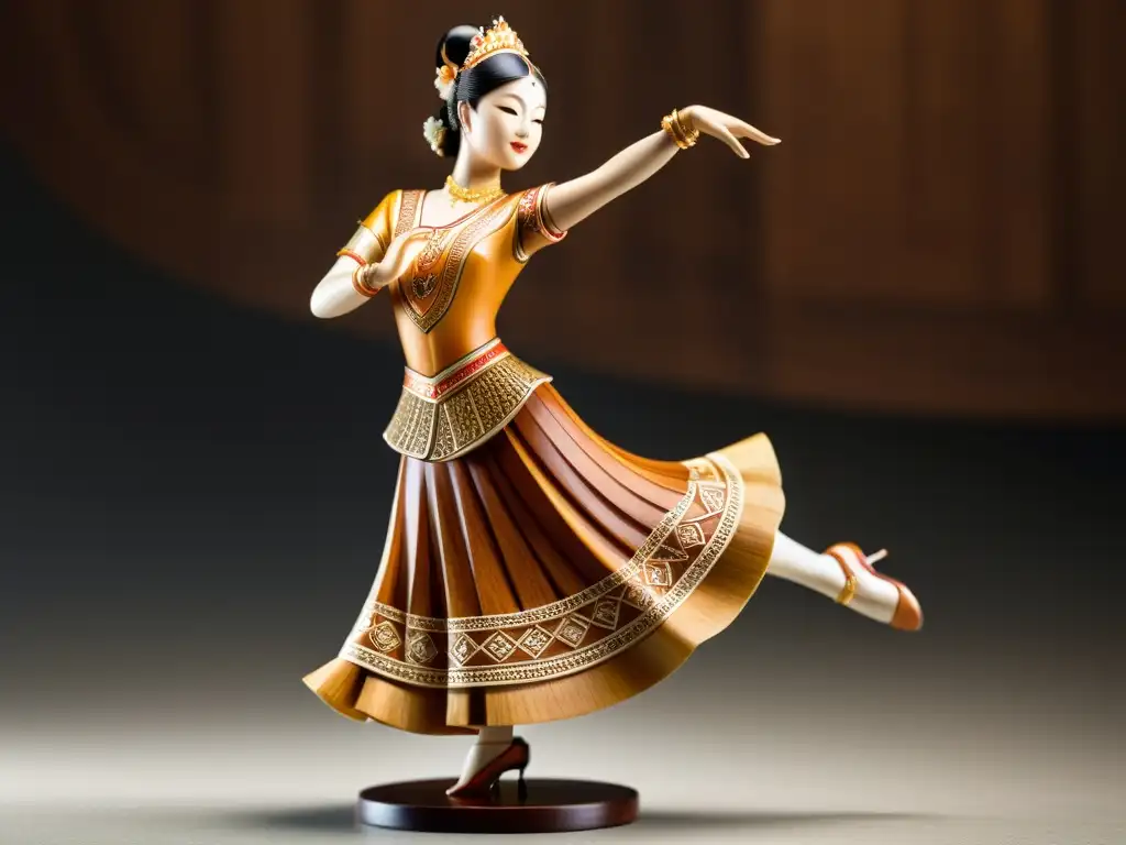 Figurilla de madera de bailarina tradicional con detalles intrincados y expresión serena, resaltando la artesanía y significado cultural