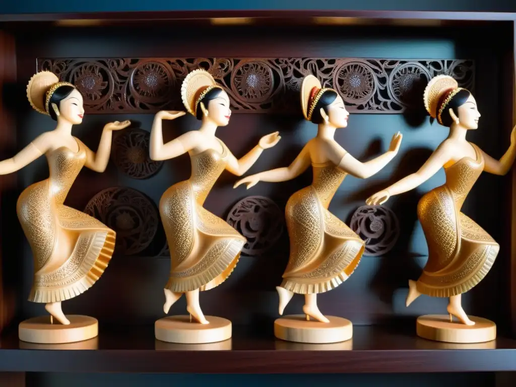 Figurillas y estatuas de danza tradicional en estantería de madera oscura, con detalles delicados y ambiente cultural vibrante