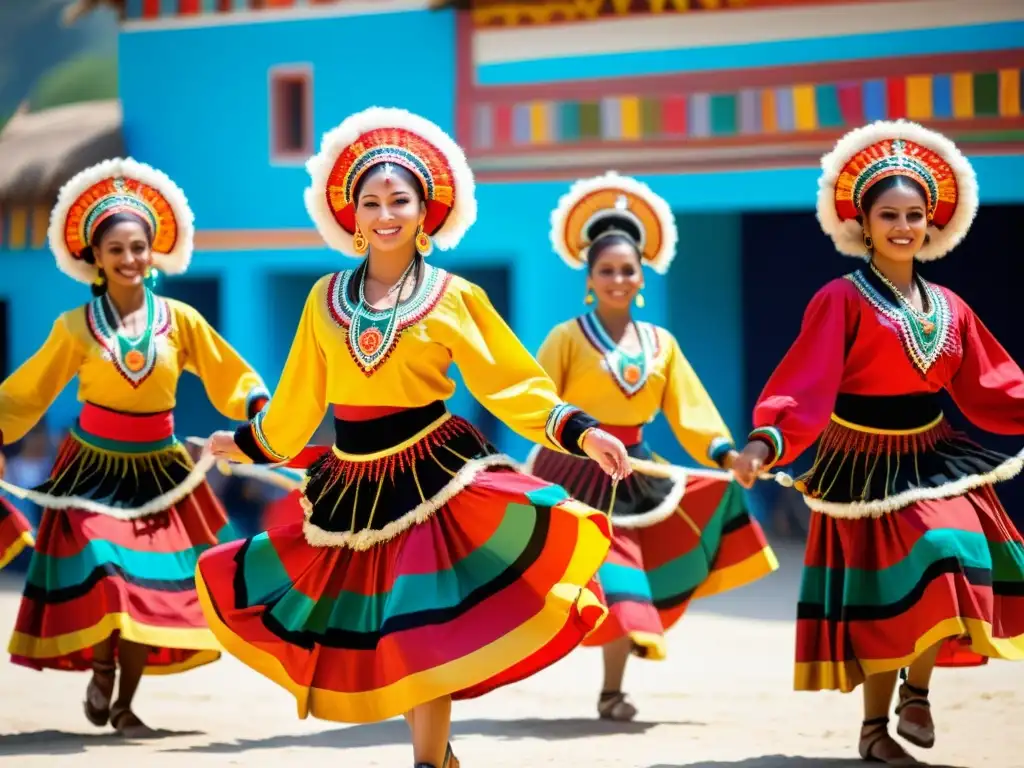 Figurillas y estatuas de danza tradicional: Grupo de bailarines tradicionales con trajes vibrantes en un festival cultural animado