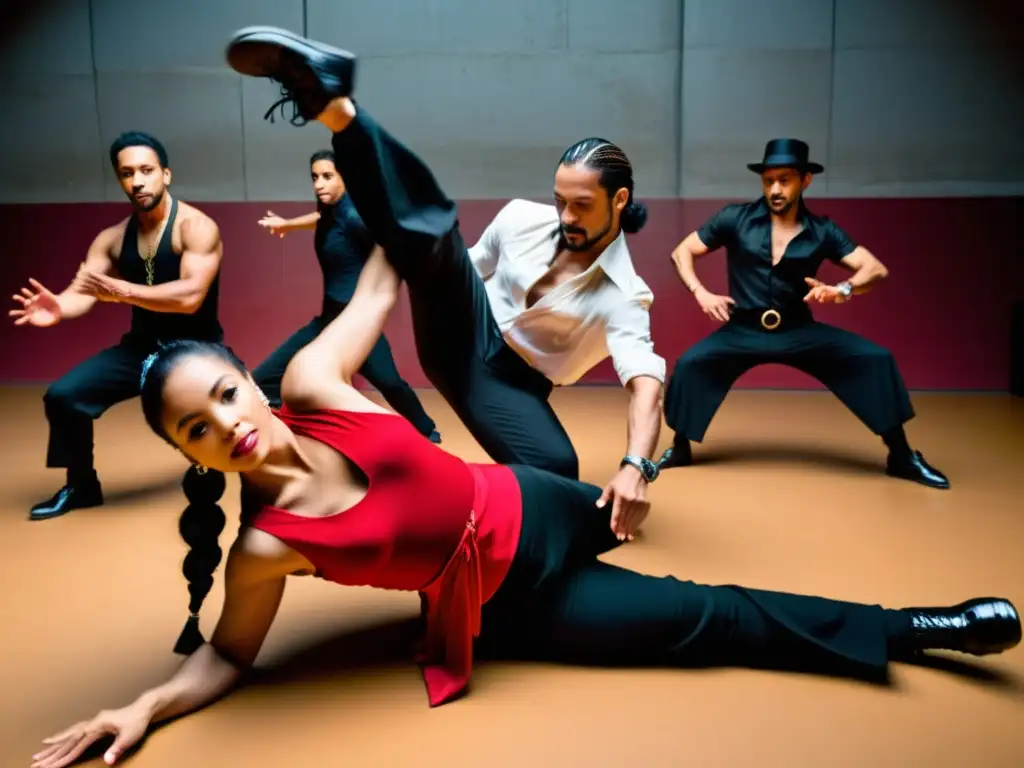 Fusión de breakdancing y flamenco: Un círculo de bailarines fusionando la fuerza del breakdance con la expresión apasionada del flamenco