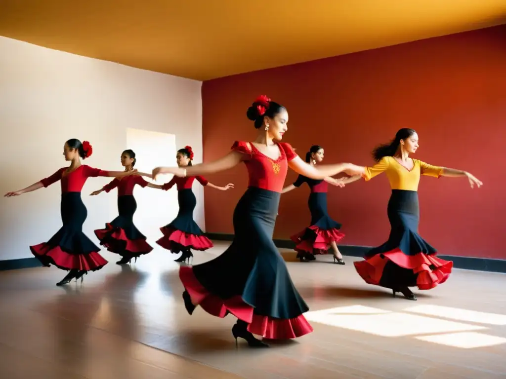 Academia de flamenco en España: Estudio espacioso y soleado con estudiantes apasionados practicando movimientos de baile flamenco