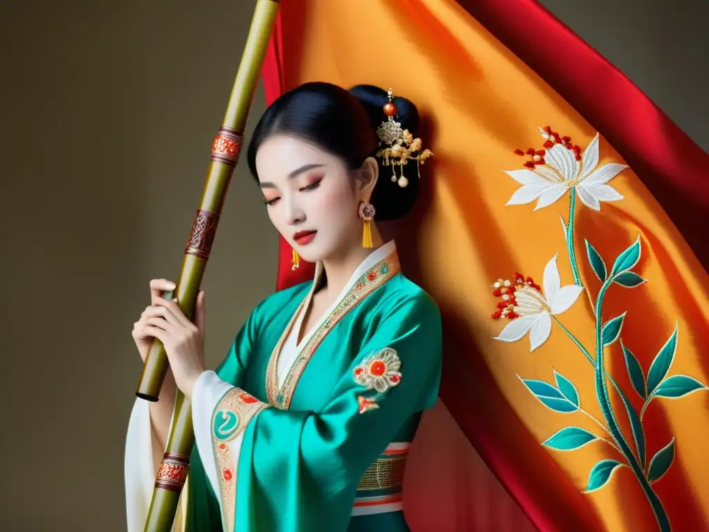 Flauta de bambú descansando sobre seda, bailarina china en traje vibrante - música en la danza clásica china