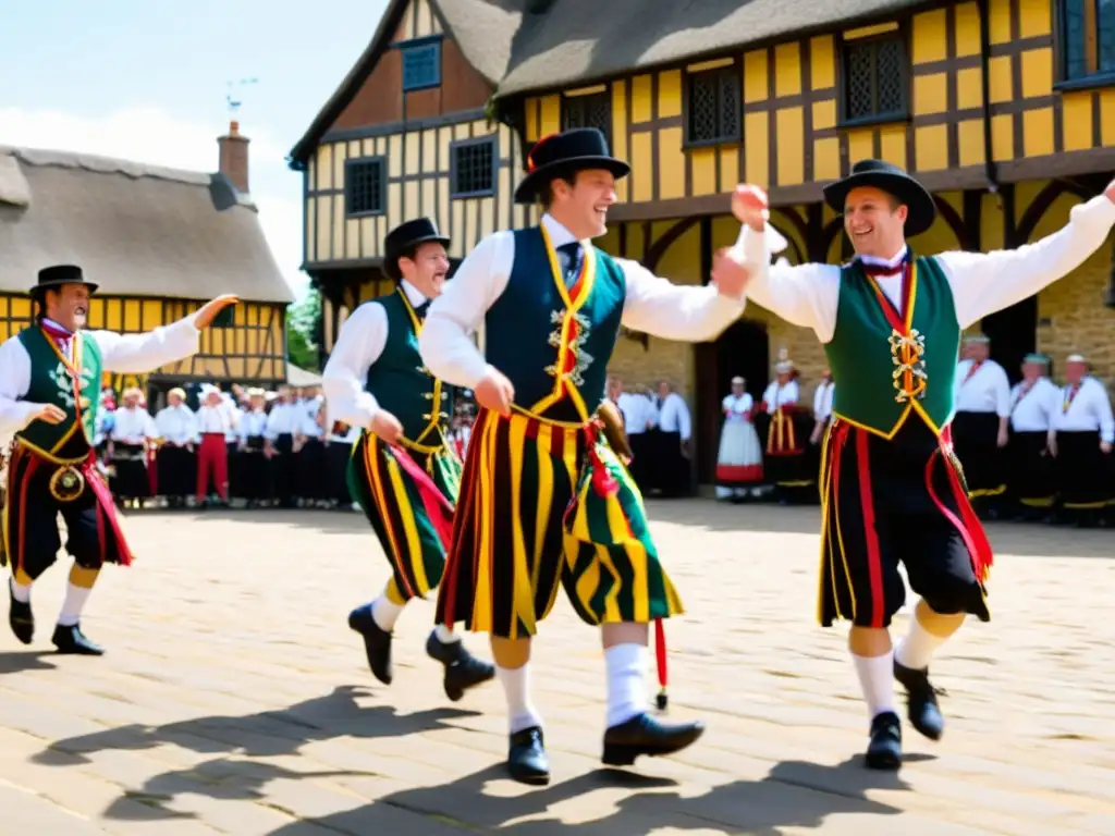 Folclore inglés danza tradicional: Grupo de bailarines Morris con trajes coloridos y animados en una plaza de pueblo histórico