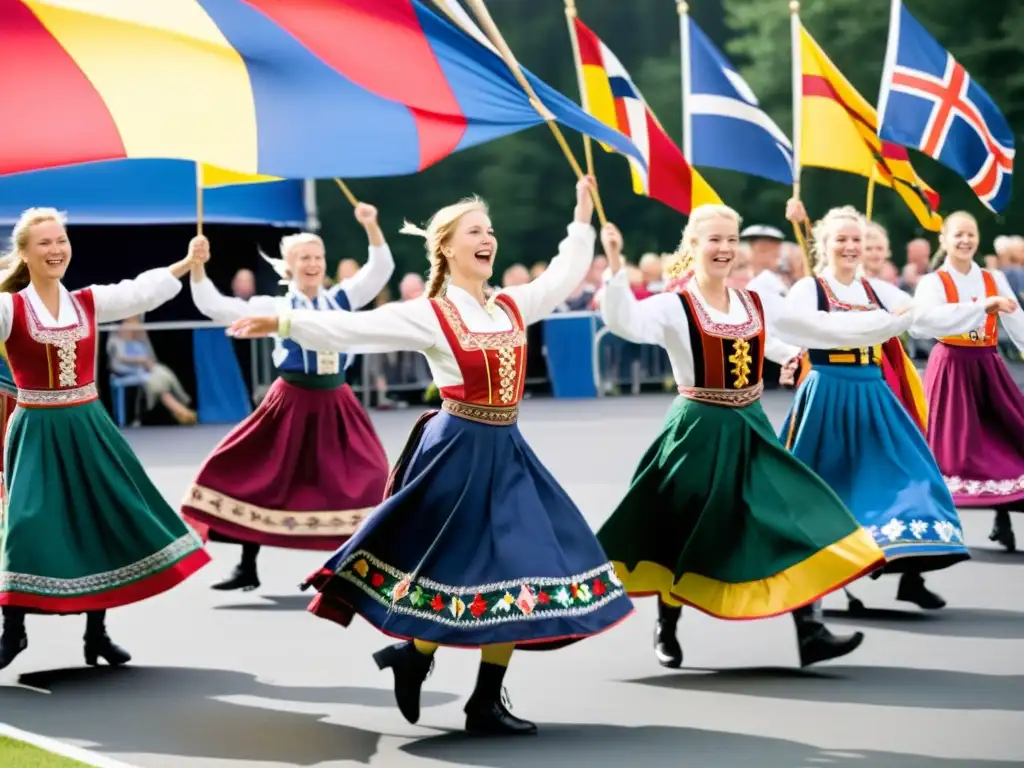 Folklore escandinavo en vivo: bailarines en trajes coloridos y bordados danzan en el festival Høstfest mientras la multitud observa con asombro