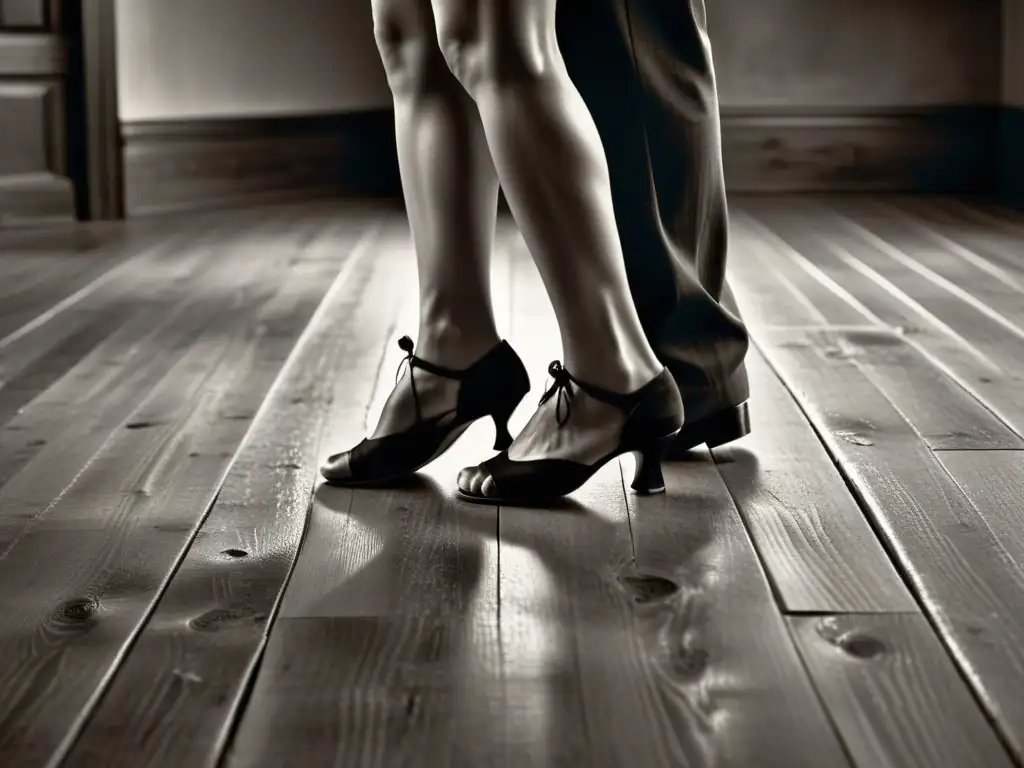 Foto en blanco y negro de pies de bailarín de tango deslizándose en piso de madera, transmitiendo la cultura del tango argentino