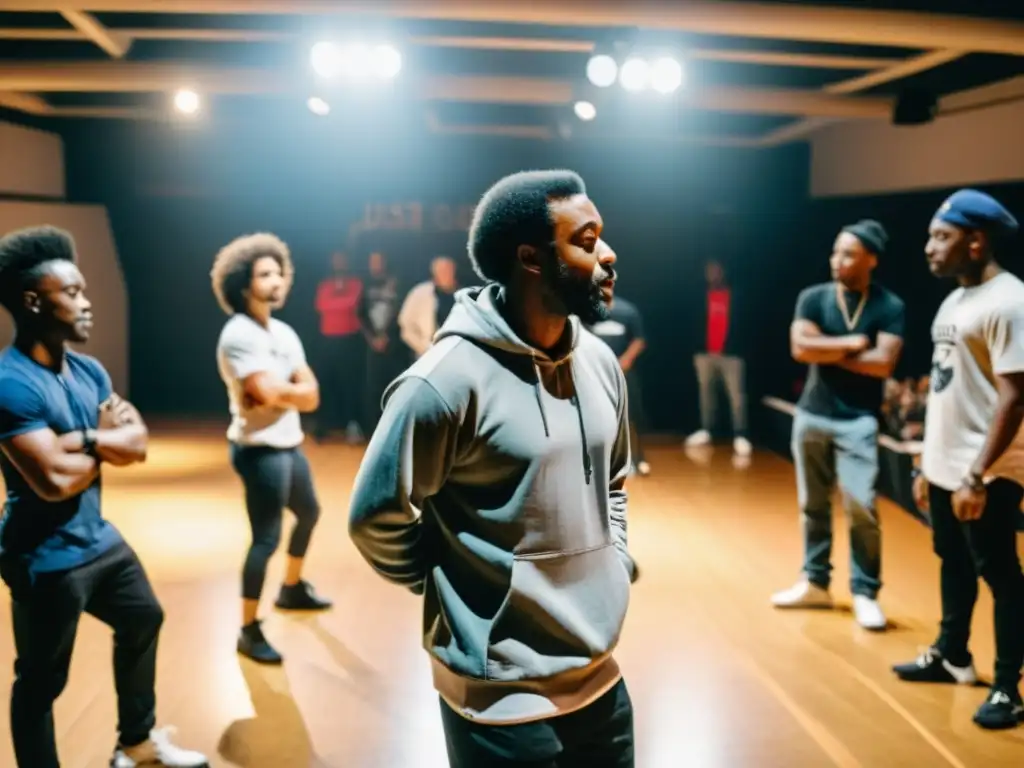 Fundadores del Festival Juste Debout y bailarines callejeros practicando en un estudio de baile subterráneo iluminado de forma tenue