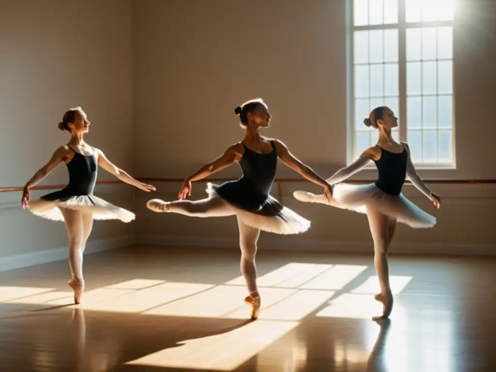 Tres generaciones de bailarinas ejecutan una rutina de ballet con gracia en un estudio iluminado